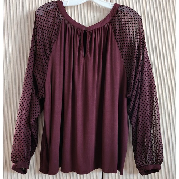 Zac & Rachel Woman Blouse Size 2X Burgundy Long Sheer Polka Dot Sleeves - Picture 2 of 7